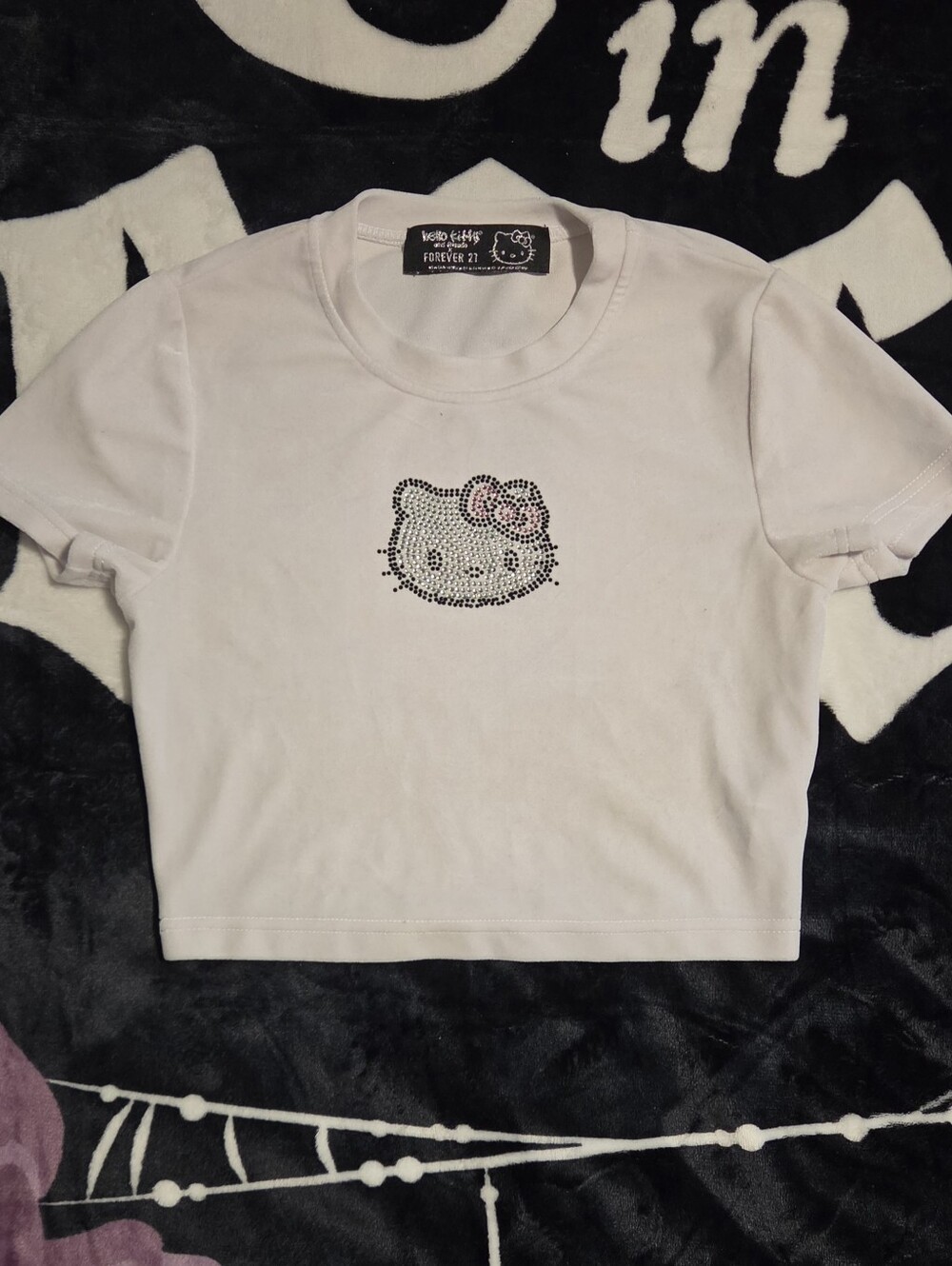 Forever 21 White Cropped Tee with Rhinestone Hello Kitty Accent